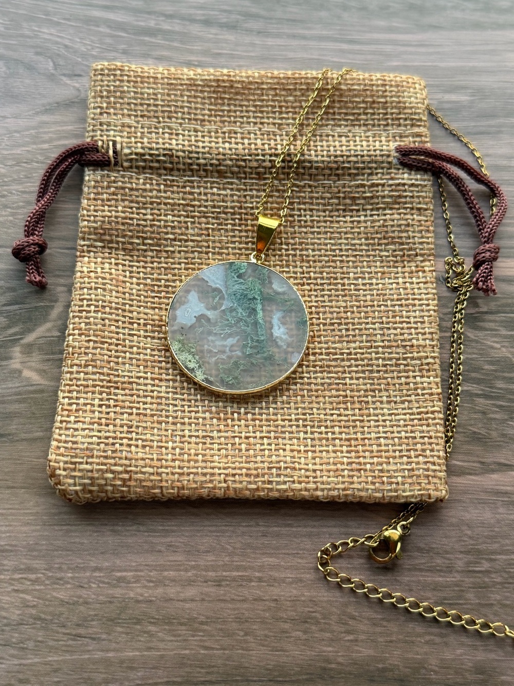 Moss Agate Round Pendant Indian Agate Necklace Minimalist Crystal Necklace